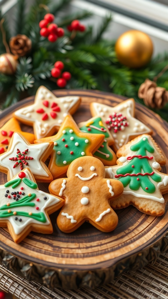 Christmas Cookie Decorating Ideas A variety of decorated Christmas cookies on a wooden platter, showcasing festive designs and colors.